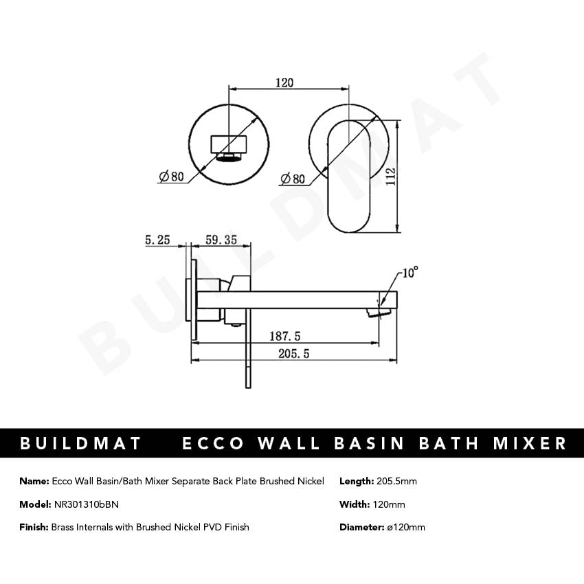 Ecco Wall Basin/Bath Mixer Separate Back Plate 200mm Brushed Nickel