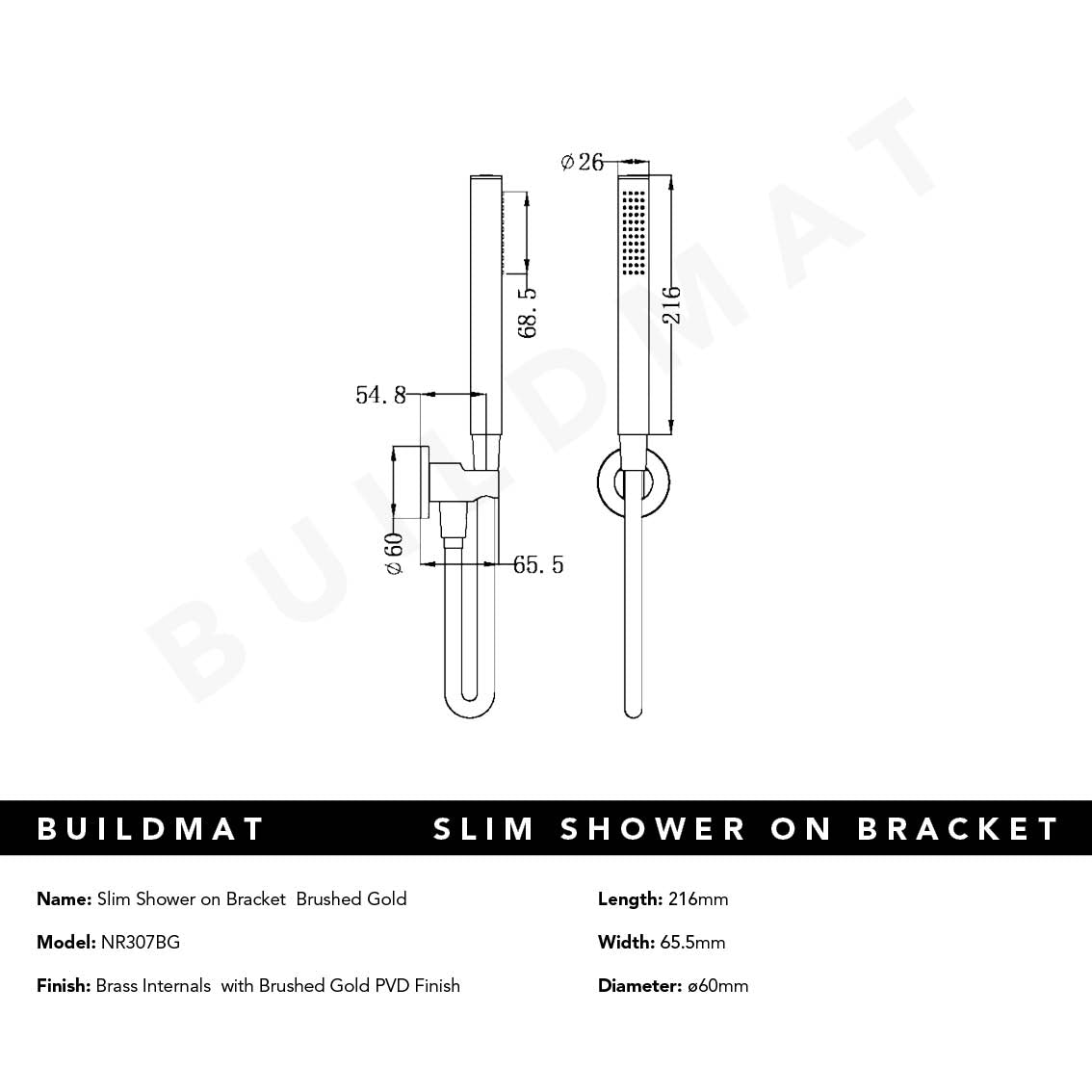 Slim Shower on Bracket Brushed Gold