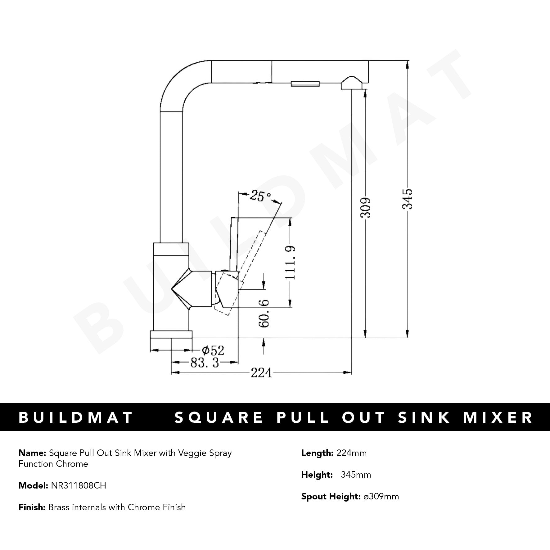 Square Pull Out Sink Mixer With Veggie Spray Function Chrome