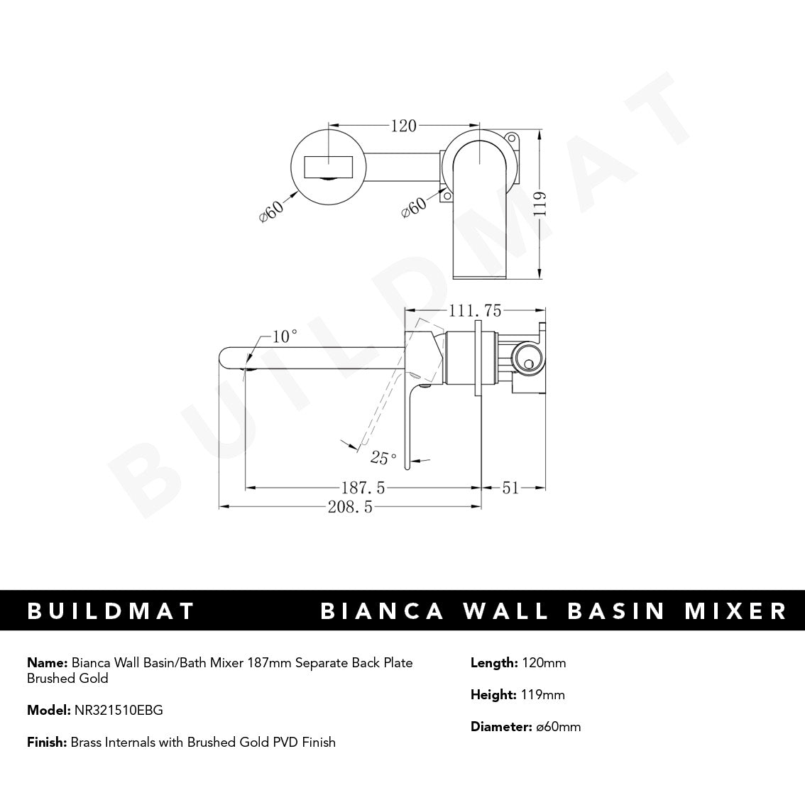 Bianca Wall Basin/Bath Mixer Separate Back Plate 187mm Brushed Gold