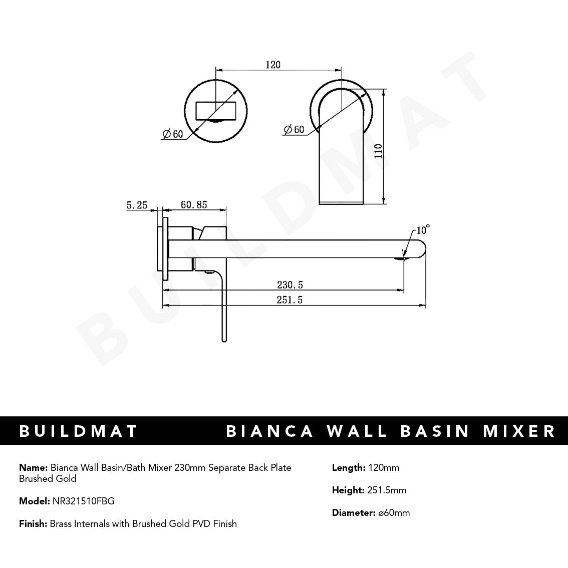 Bianca Wall Basin/Bath Mixer Separate Back Plate 230mm Brushed Gold