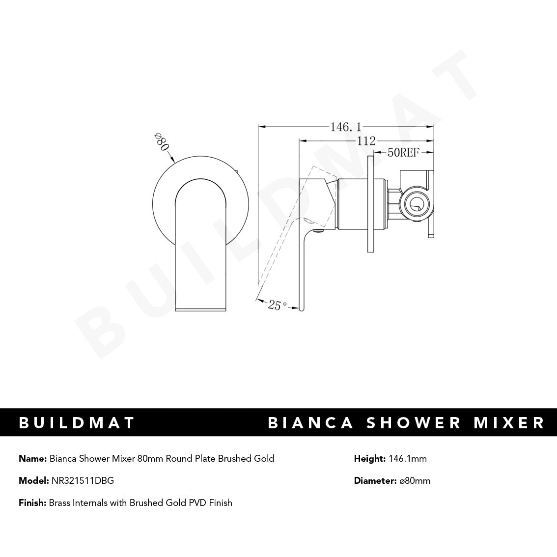 Bianca Shower Mixer with 80mm Round Plate Brushed Gold