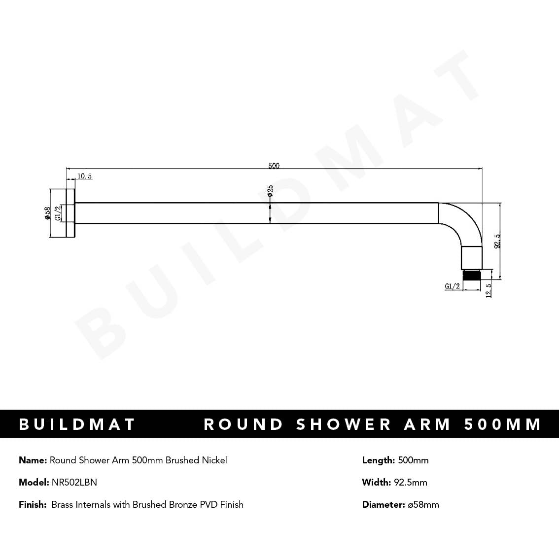 Round Shower Arm 500mm Brushed Nickel