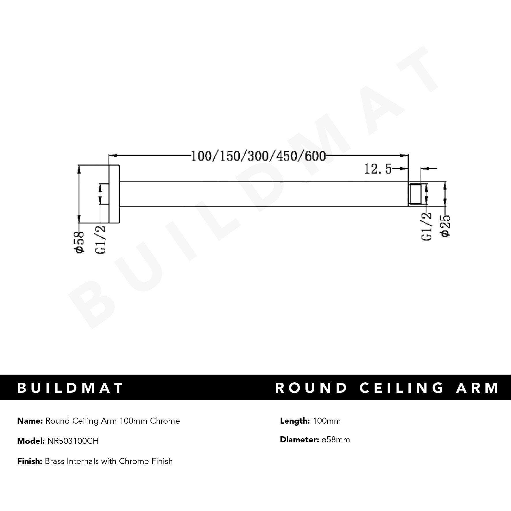 Round Ceiling Arm 100mm Matte Black