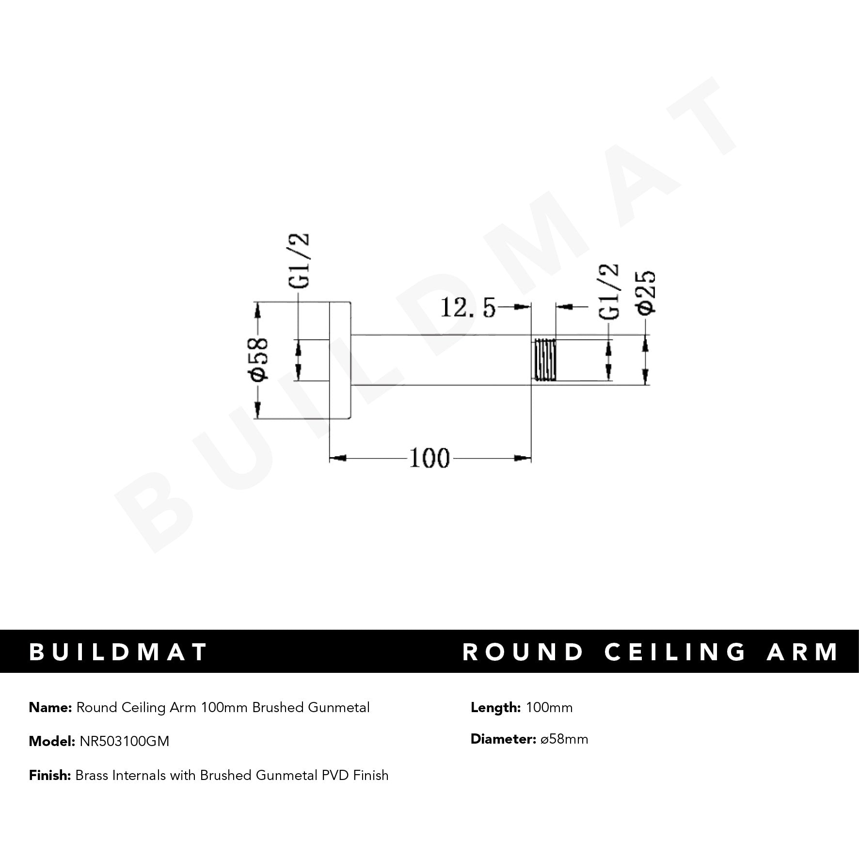 Round Ceiling Arm 100mm Brushed Gunmetal