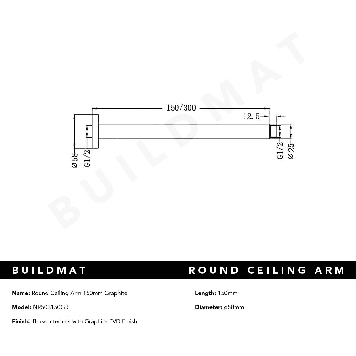 Round Ceiling Arm 150mm Graphite