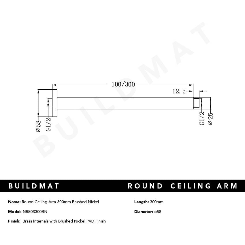 Round Ceiling Arm 300mm Brushed Nickel