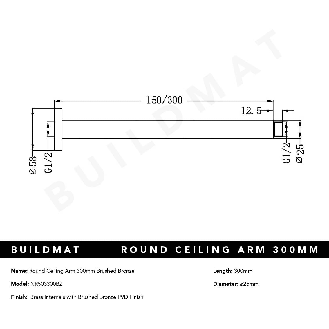 Round Ceiling Arm 300mm Brushed Bronze