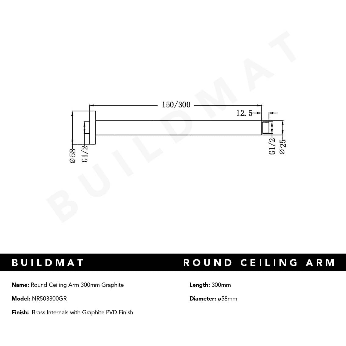 Round Ceiling Arm 300mm Graphite