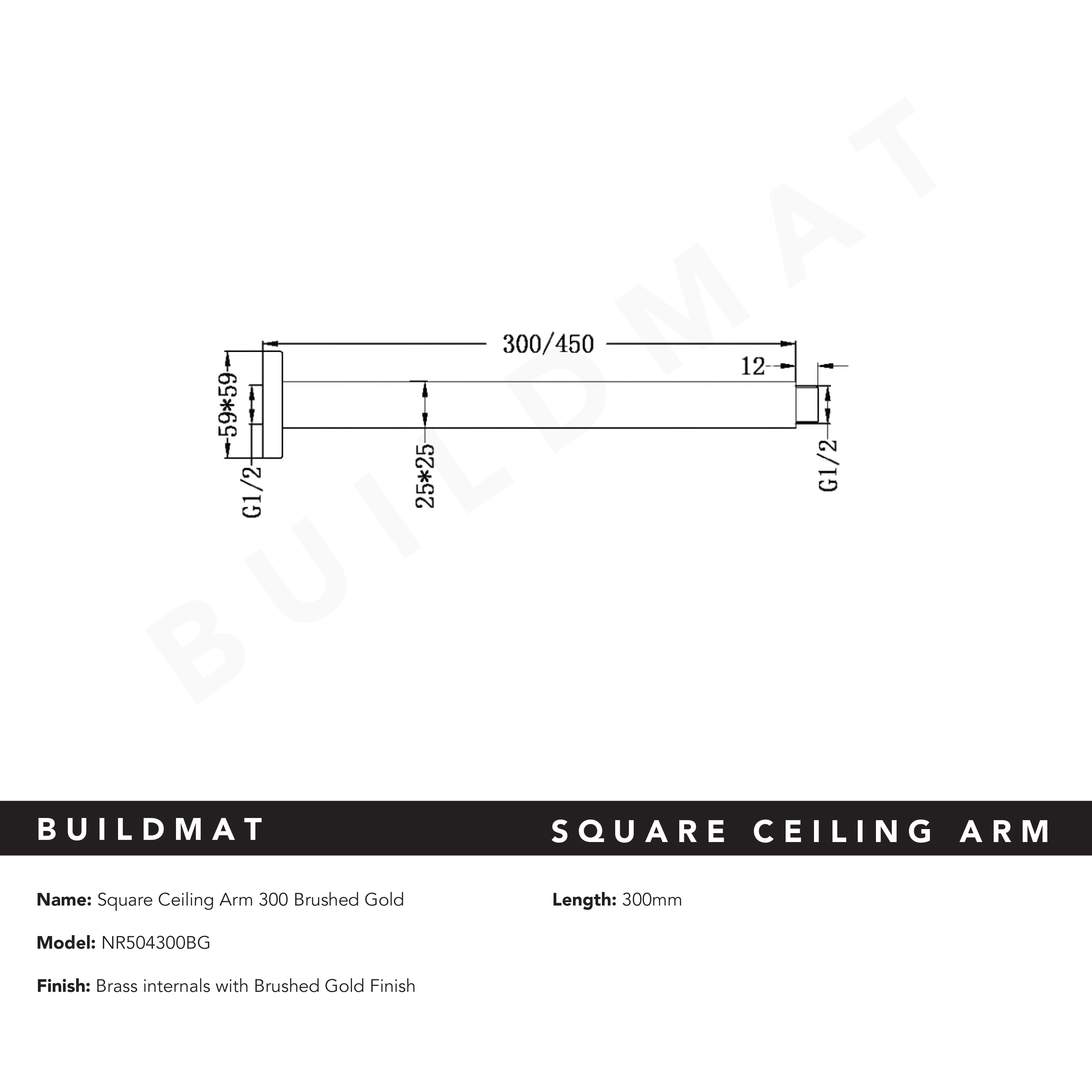 Square Ceiling Arm 300mm Brushed Gold