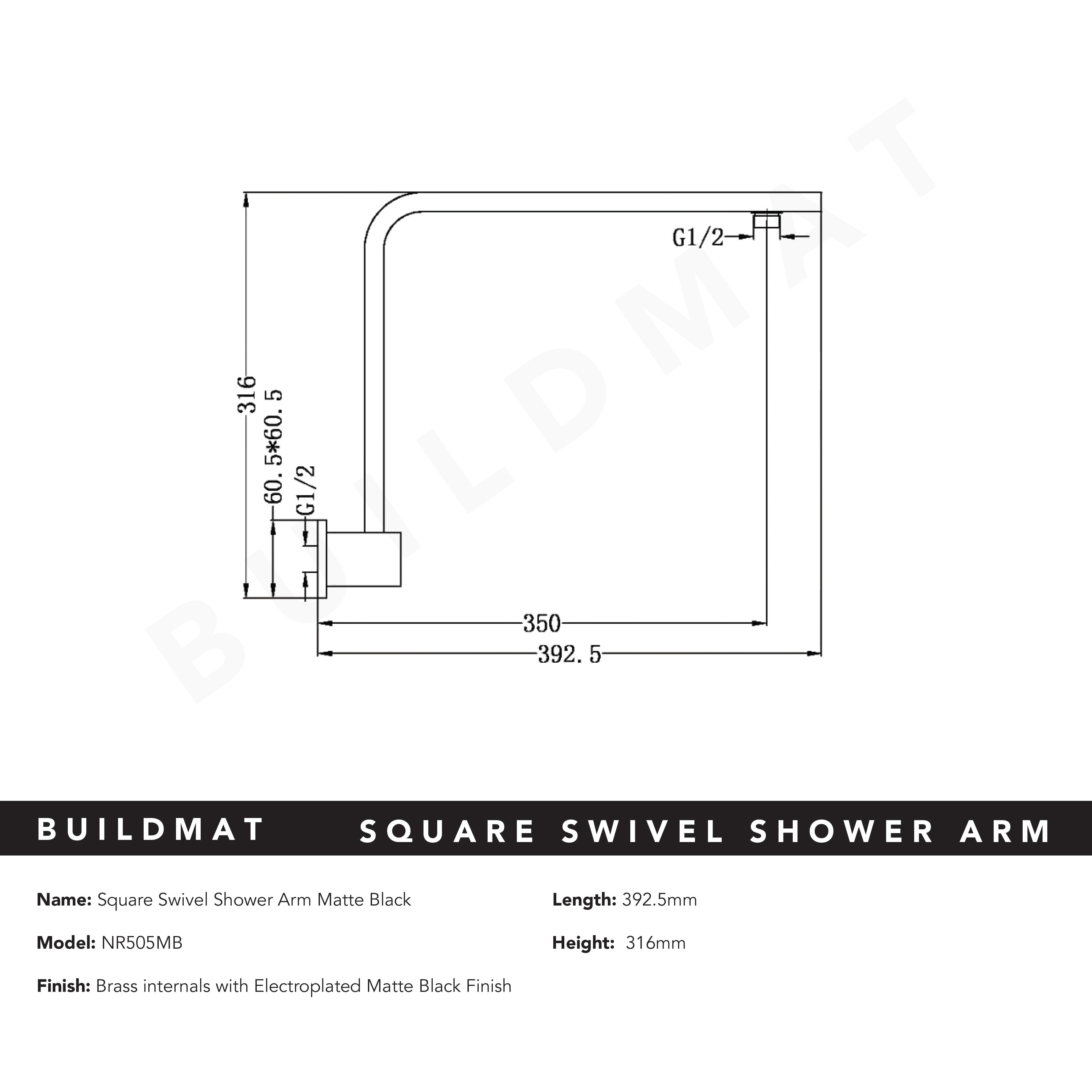 Square Swivel Shower Arm Matte Black