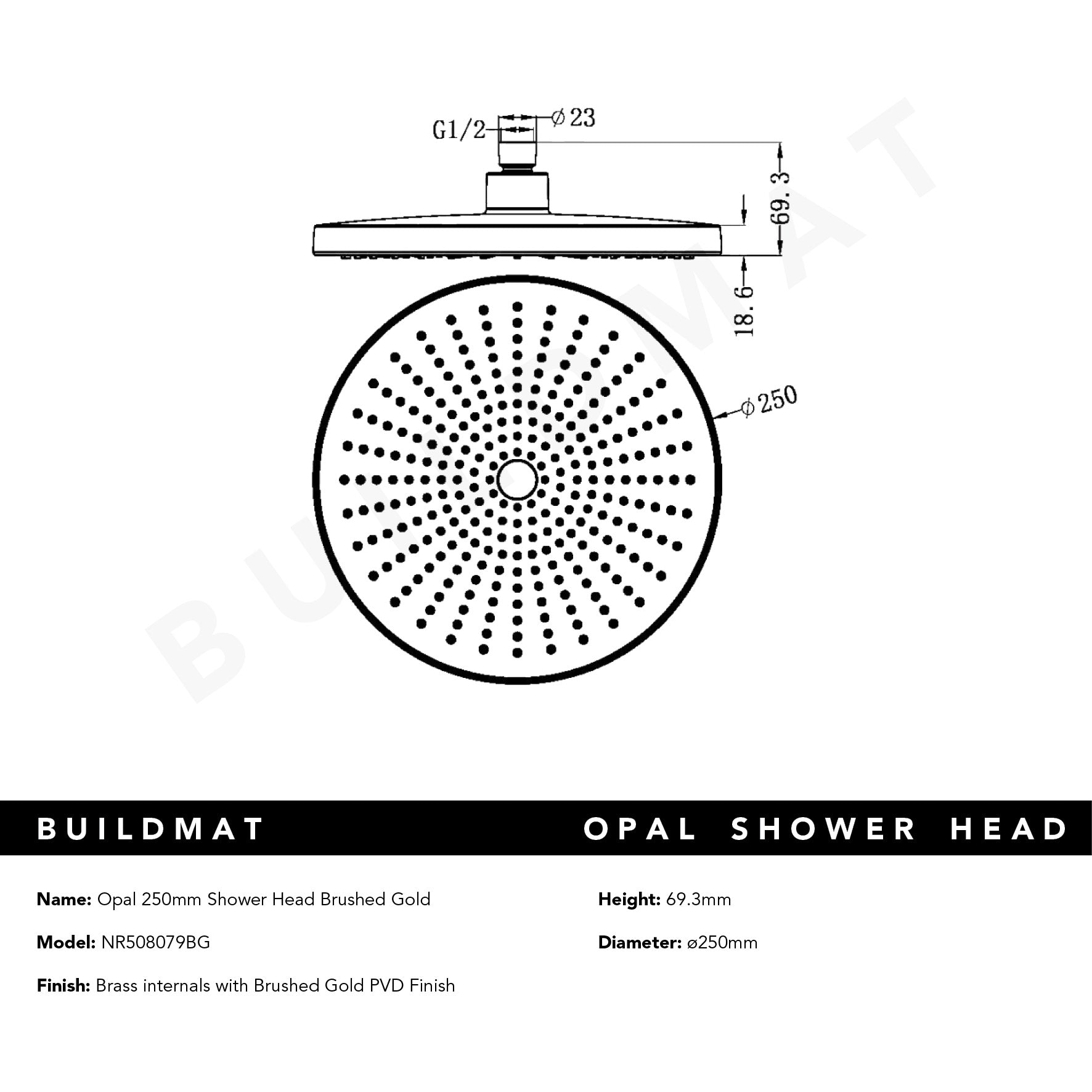 Opal Shower Head 250mm Brushed Gold