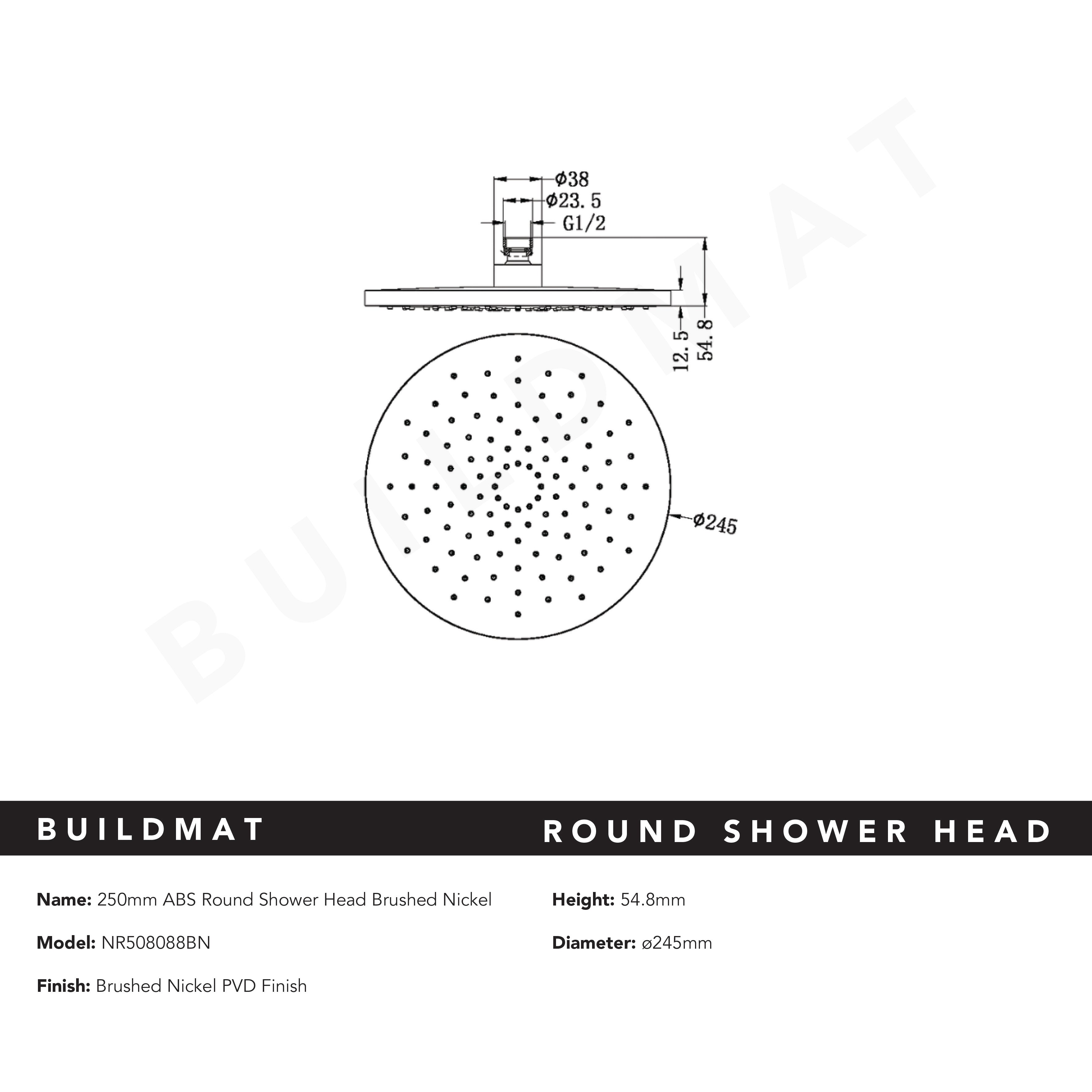 Round ABS Shower Head 250mm Brushed Nickel