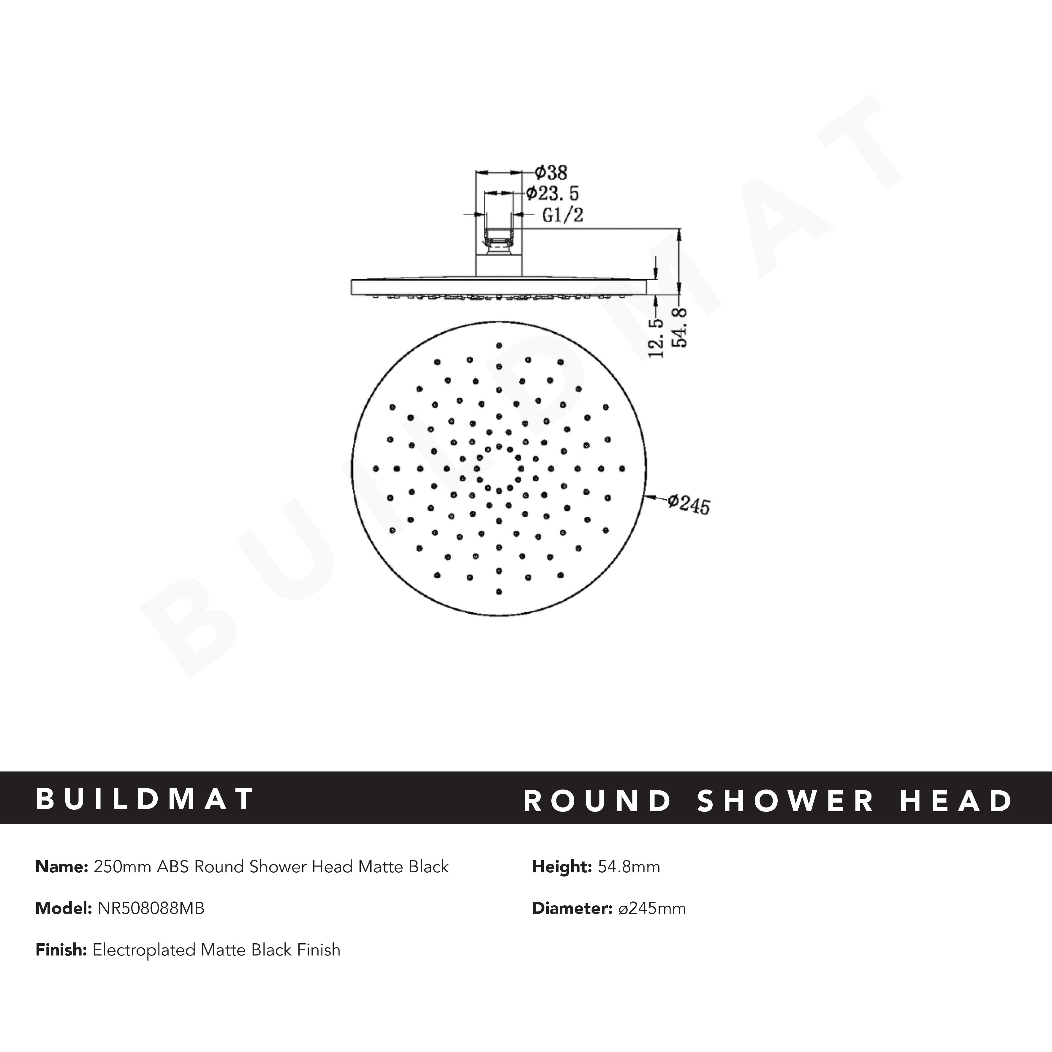 Round ABS Shower Head 250mm Matte Black