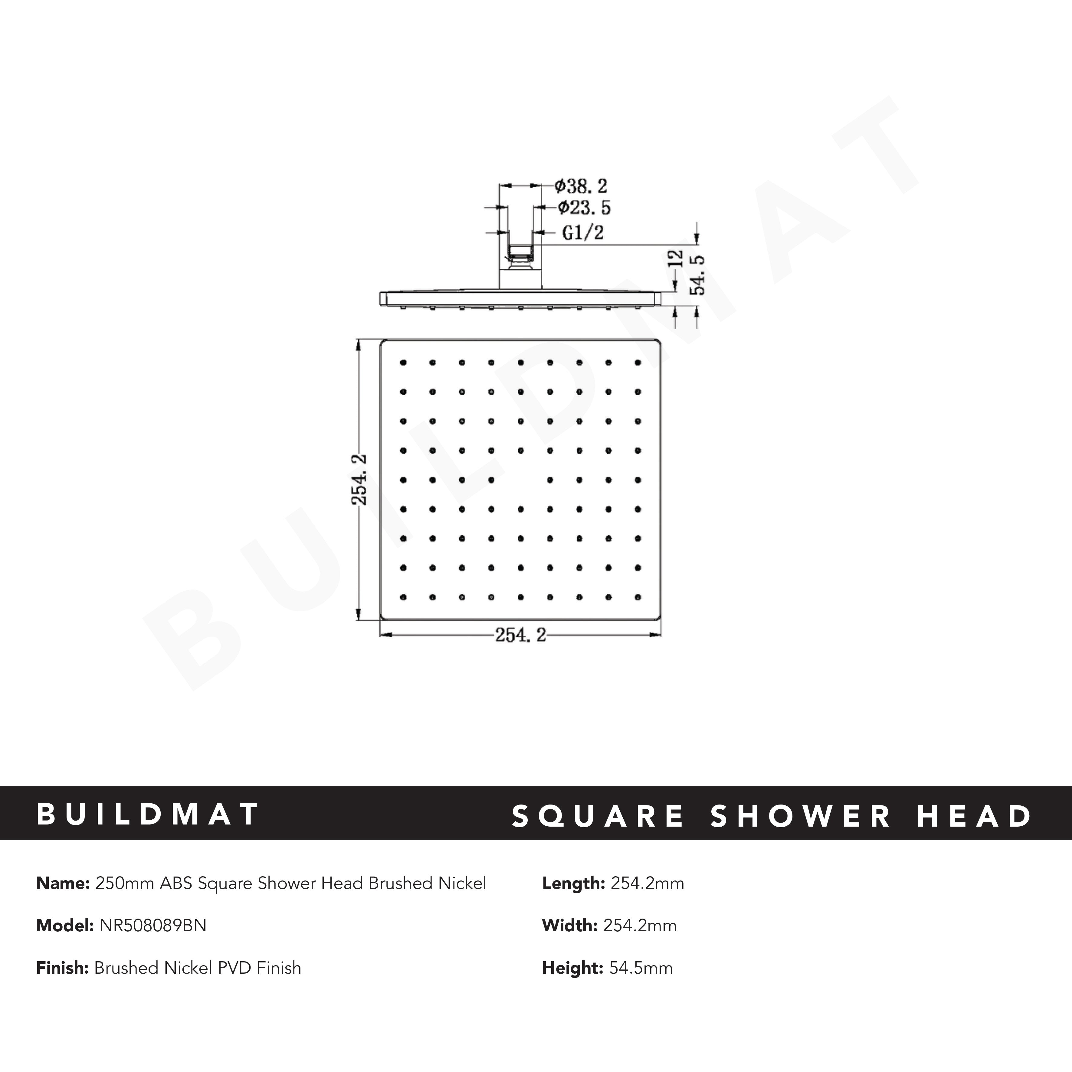 Square ABS Shower Head 250mm Brushed Nickel