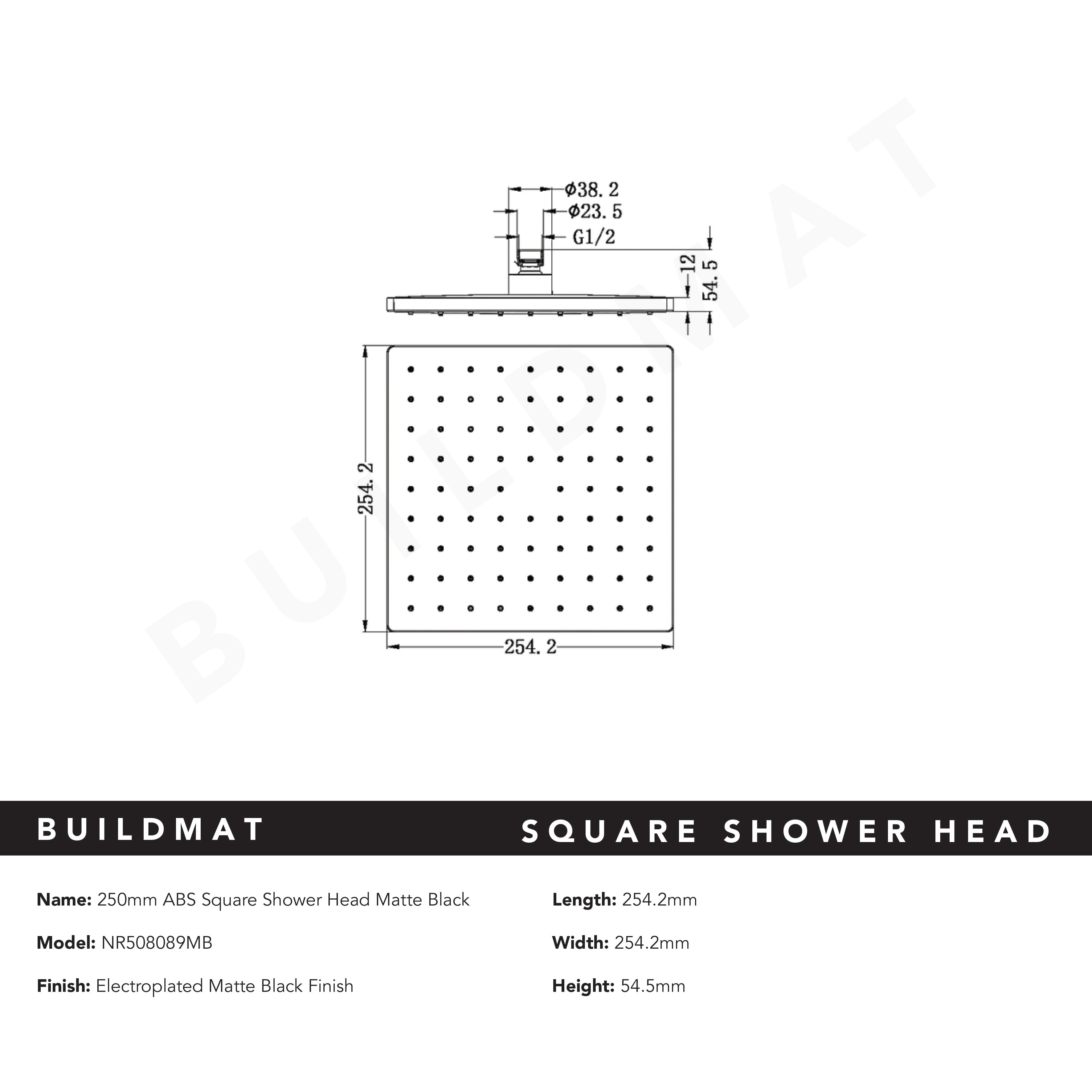 Square ABS Shower Head 250mm Matte Black