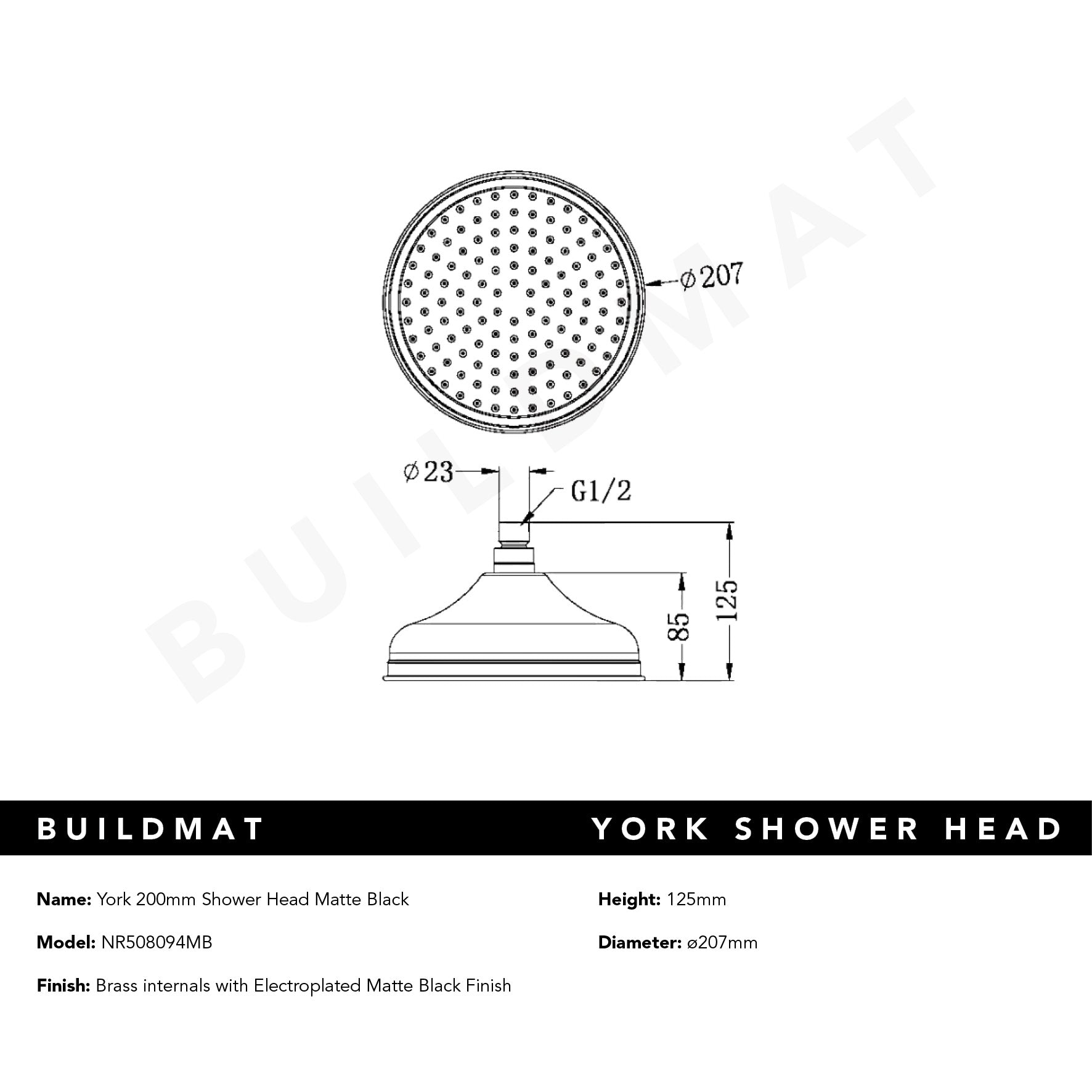 York Shower Head 200mm Matte Black