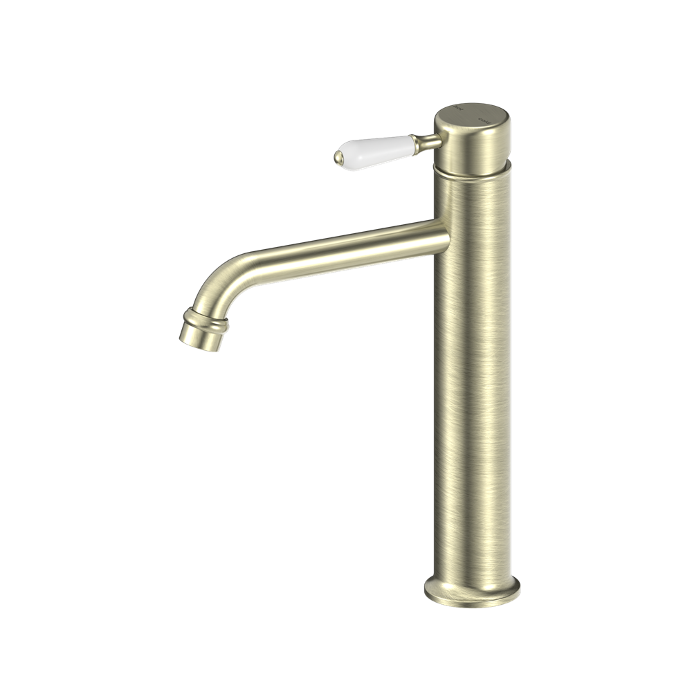 York Straight Tall Basin Mixer With White Porcelain Lever Aged Brass