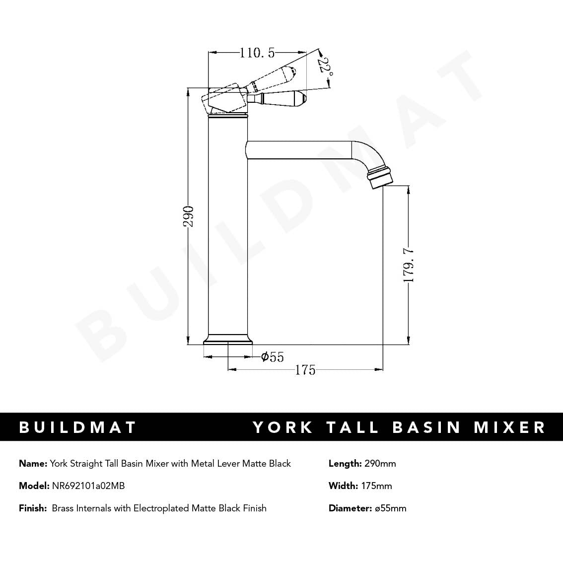 York Straight Tall Basin Mixer with Metal Lever Matte Black