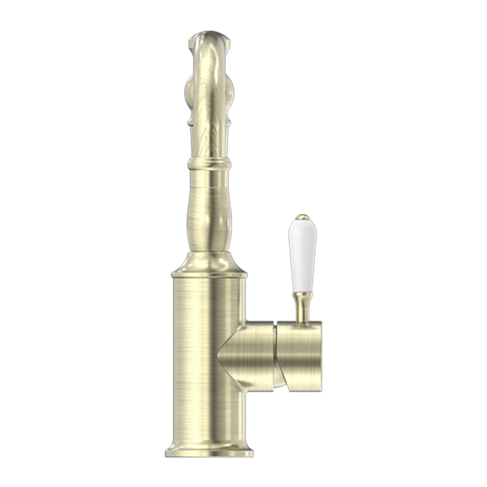 York Basin Mixer Hook Spout with White Porcelain Lever Aged Brass