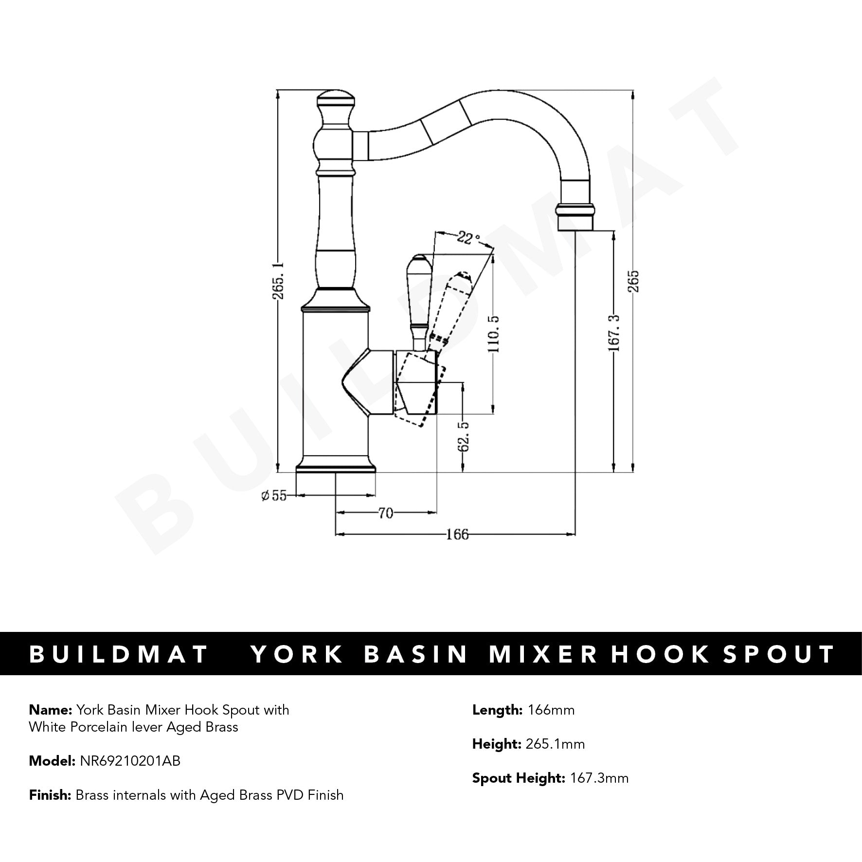 York Basin Mixer Hook Spout with White Porcelain Lever Aged Brass