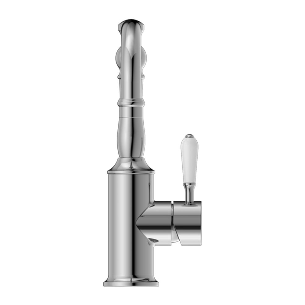 York Basin Mixer Hook Spout with White Porcelain Lever Chrome