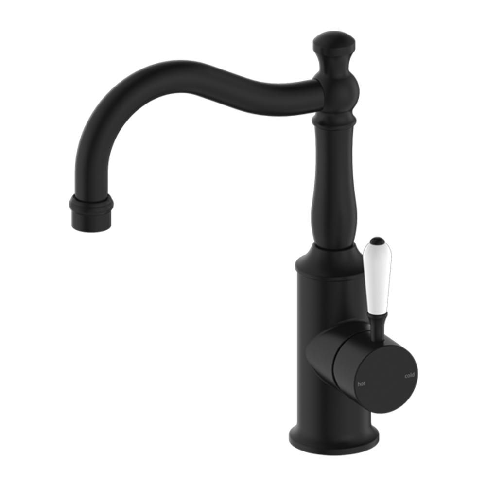 York Basin Mixer Hook Spout with White Porcelain Lever Matte Black