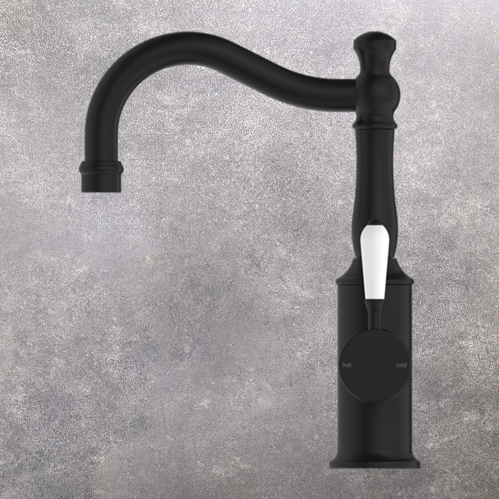 York Basin Mixer Hook Spout with White Porcelain Lever Matte Black