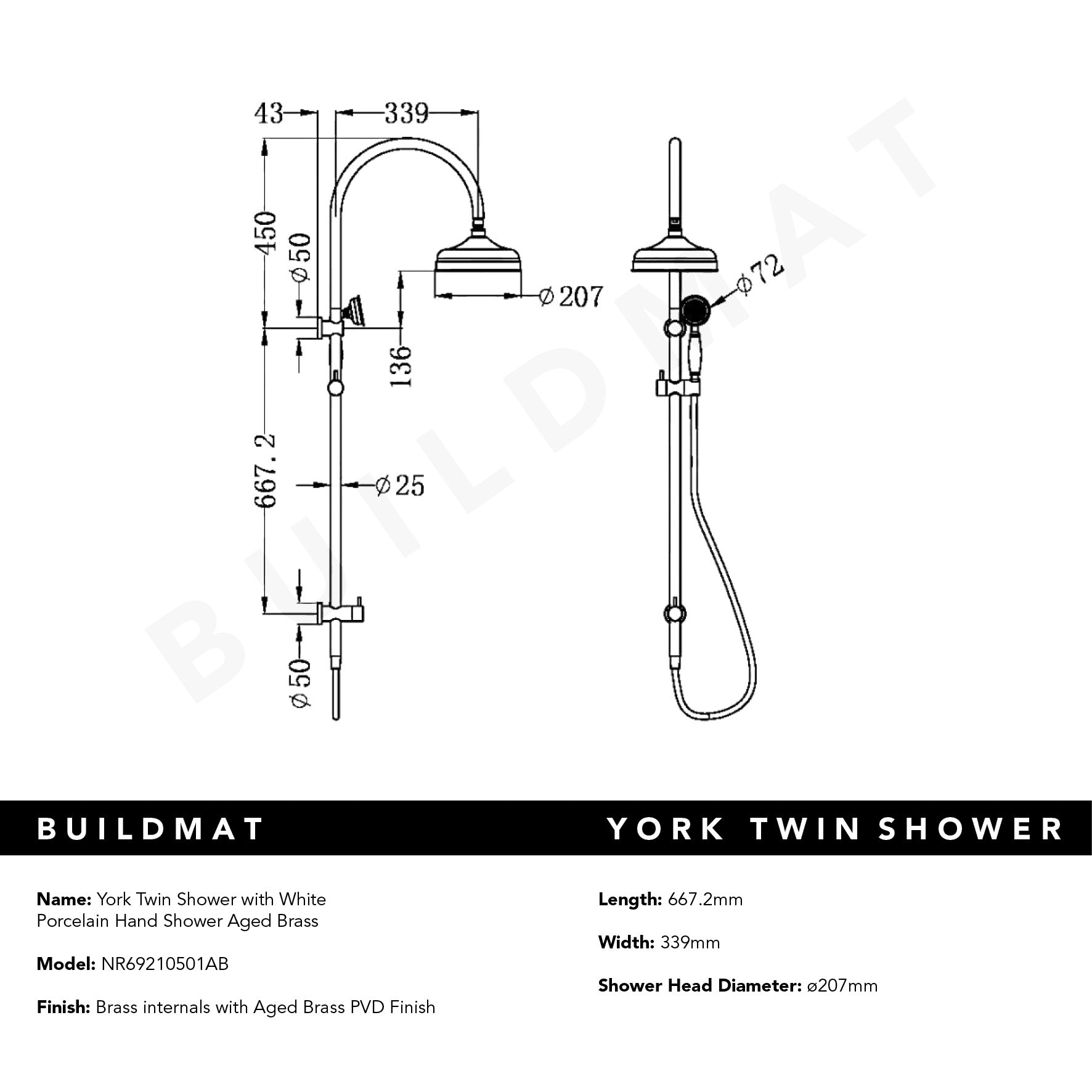 York Twin Shower with White Porcelain Hand Shower Aged Brass