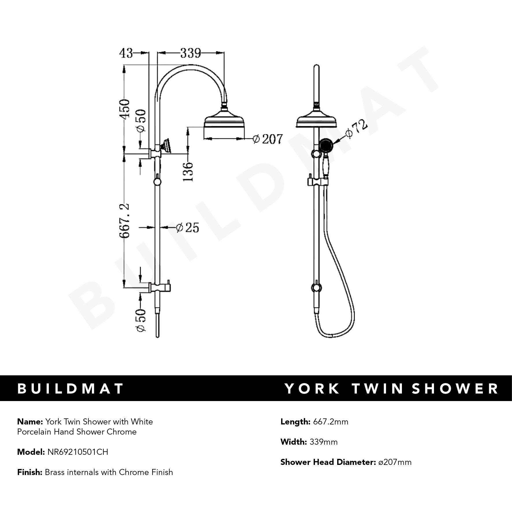 York Twin Shower with White Porcelain Hand Shower Chrome