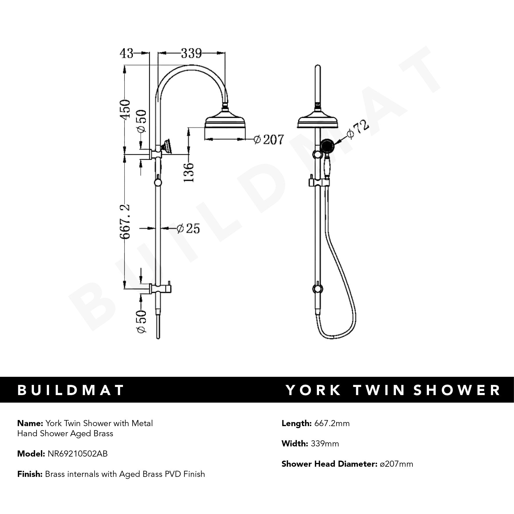 York Twin Shower with Metal Hand Shower Aged Brass