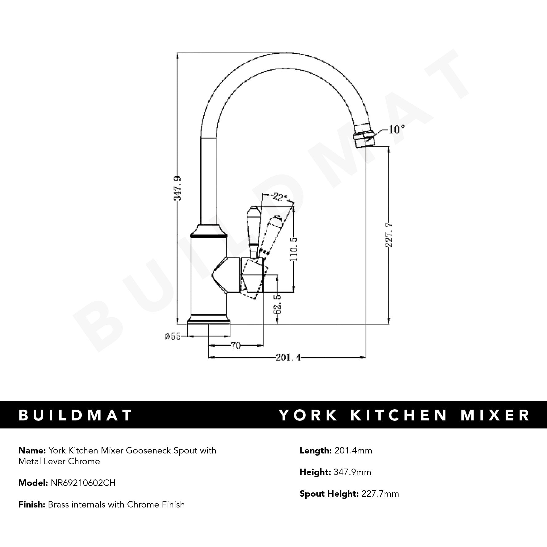 York Kitchen Mixer Gooseneck Spout with Metal Lever Chrome