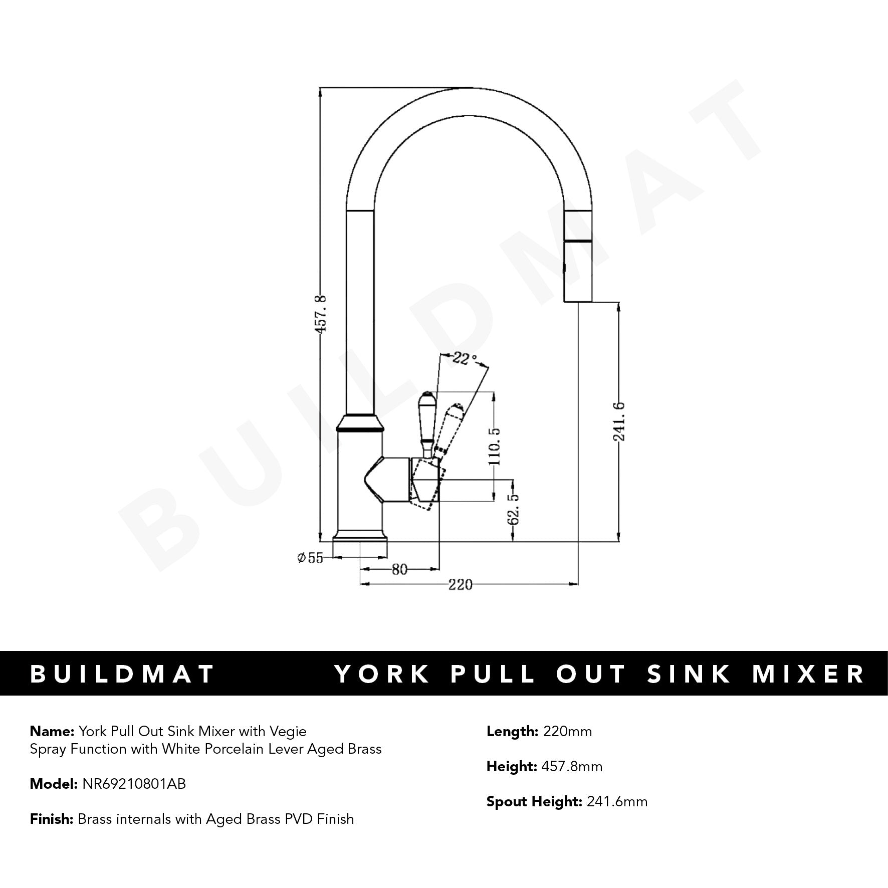 York Pull Out Sink Mixer with Vegie Spray Function with White Porcelain Lever Aged Brass