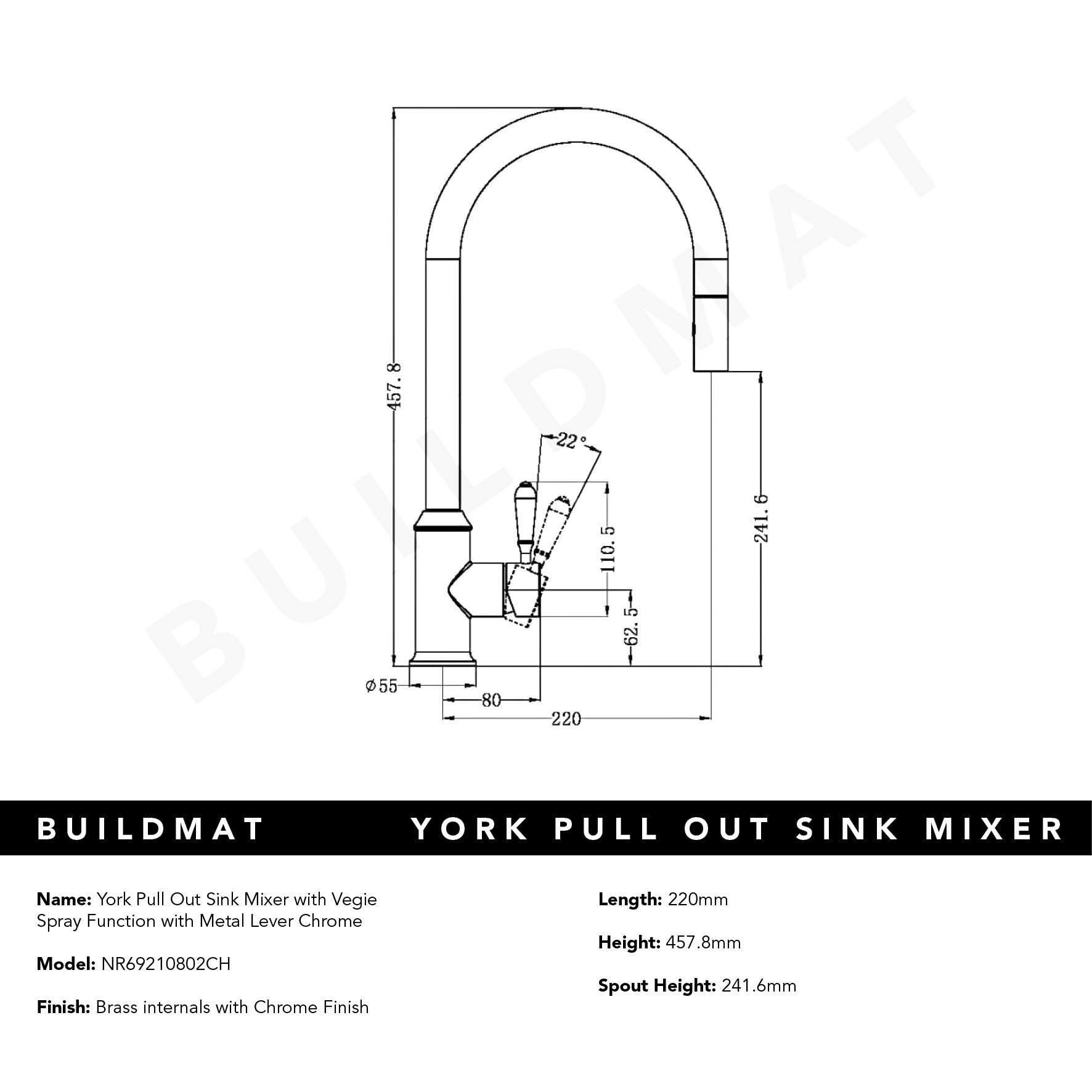 York Pull Out Sink Mixer with Vegie Spray Function with Metal Lever Chrome