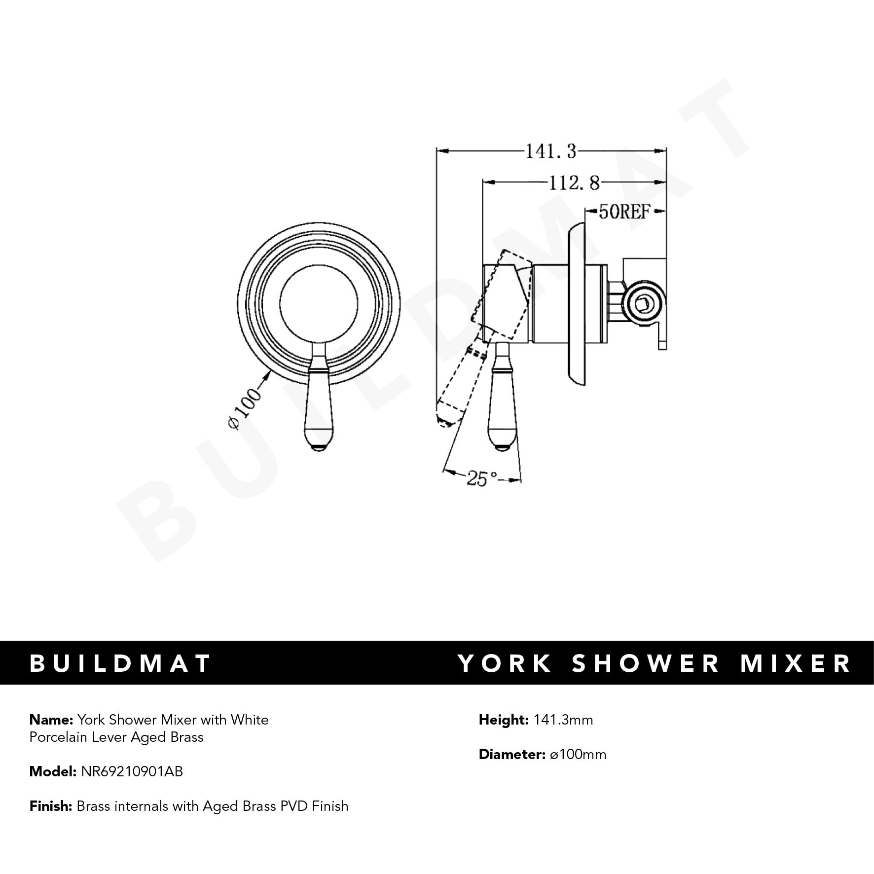 York Shower Mixer with White Porcelain Lever Aged Brass