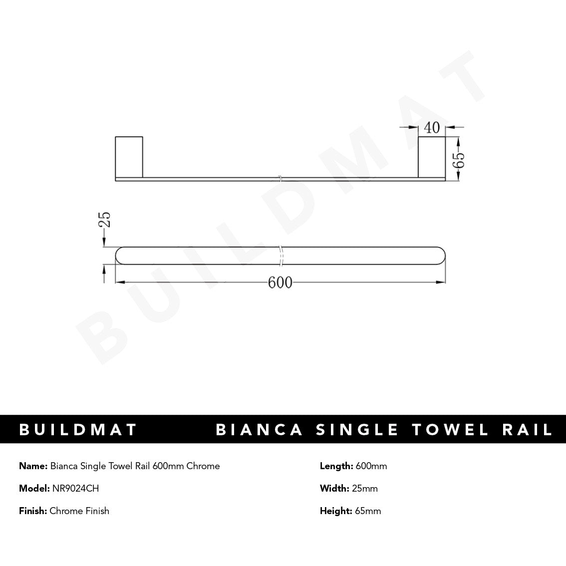 Bianca Single Towel Rail 600mm Chrome