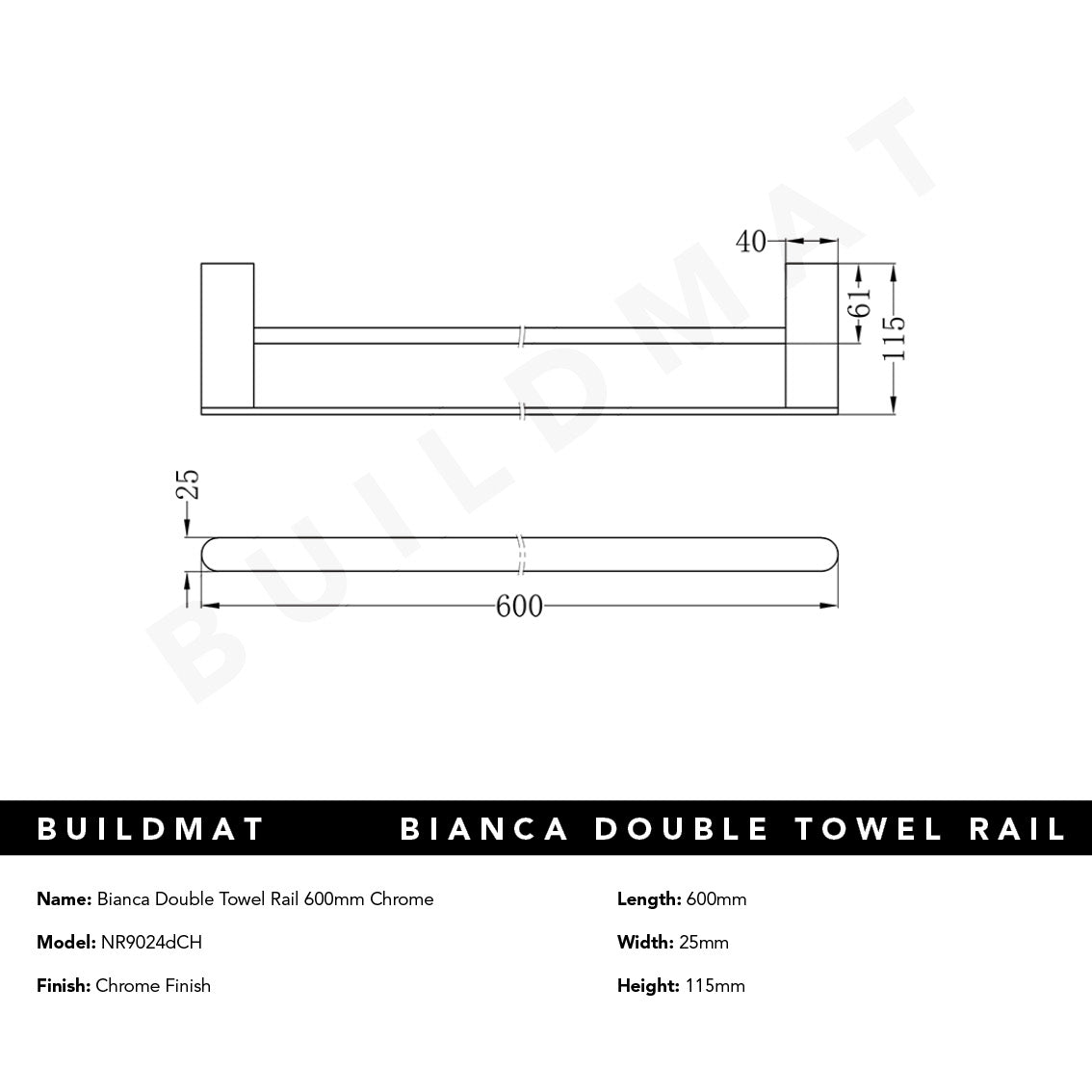 Bianca Double Towel Rail 600mm Chrome