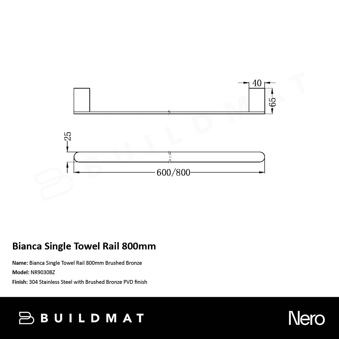 Bianca Single Towel Rail 800mm Brushed Bronze