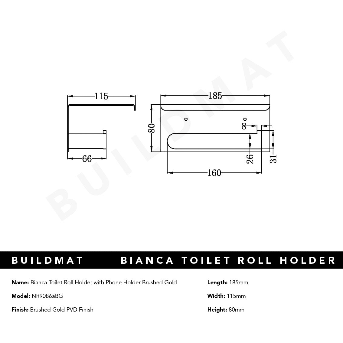 Bianca Toilet Roll Holder with Phone Holder Brushed Gold