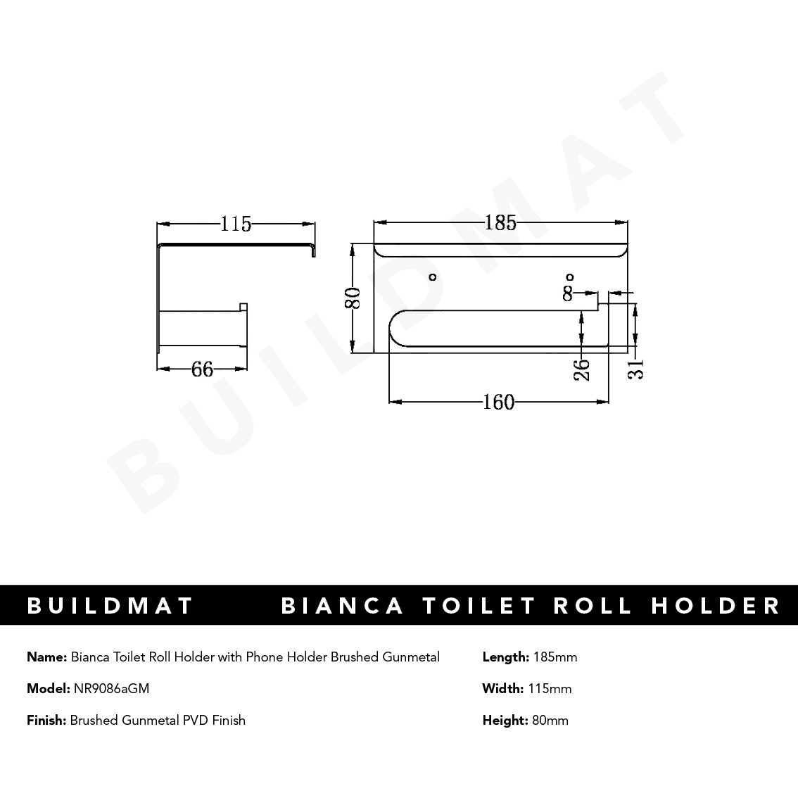 Bianca Toilet Roll Holder with Phone Holder Brushed Gunmetal