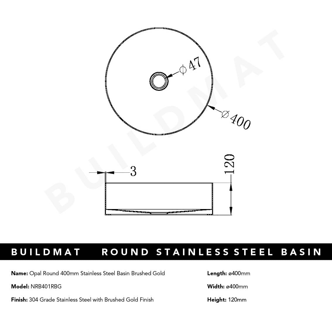 Opal Round 400mm Stainless Steel Basin Brushed Gold