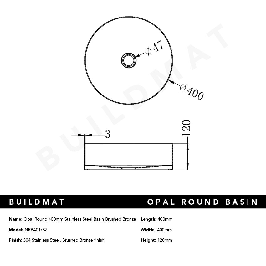 Opal Round 400mm Stainless Steel Basin Brushed Bronze