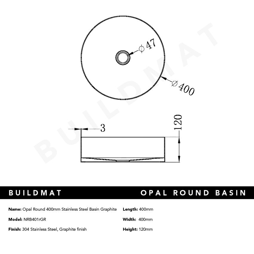 Opal Round 400mm Stainless Steel Basin Graphite