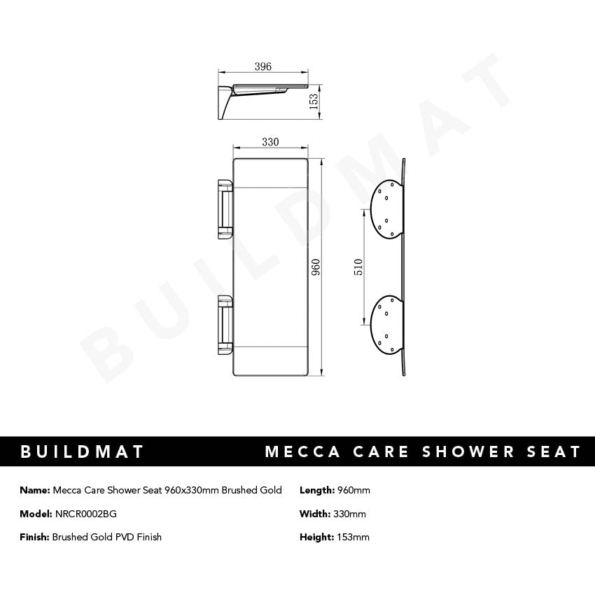 Mecca Care Shower Seat 960x330mm Brushed Gold