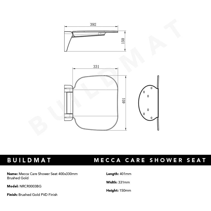 Mecca Care Shower Seat 400x330mm Brushed Gold