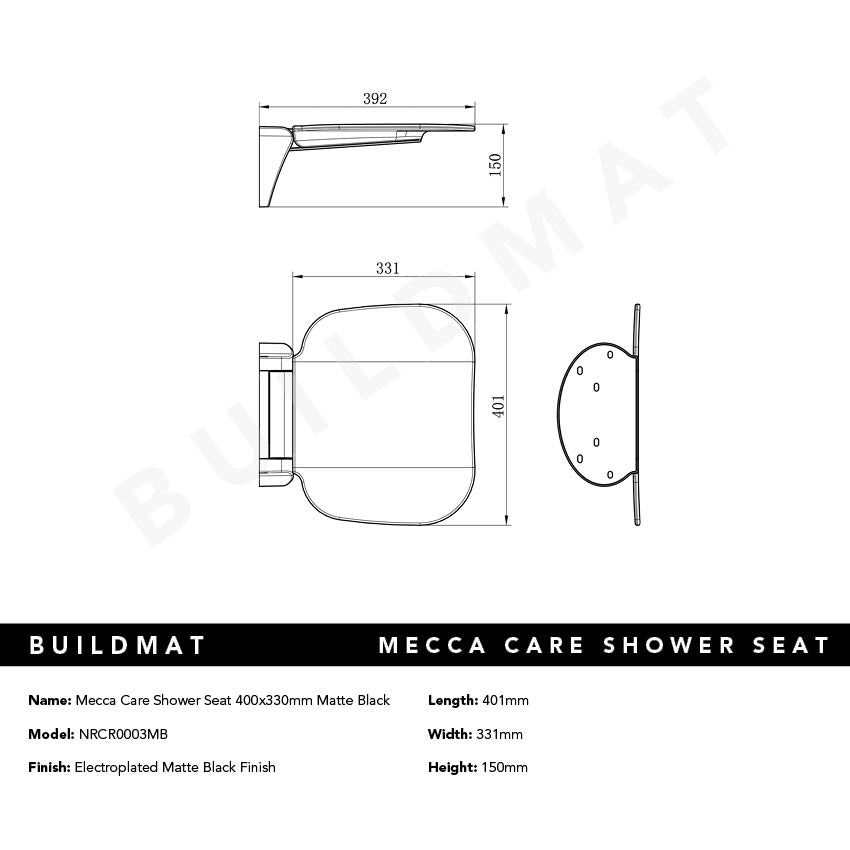 Mecca Care Shower Seat 400x330mm Matte Black