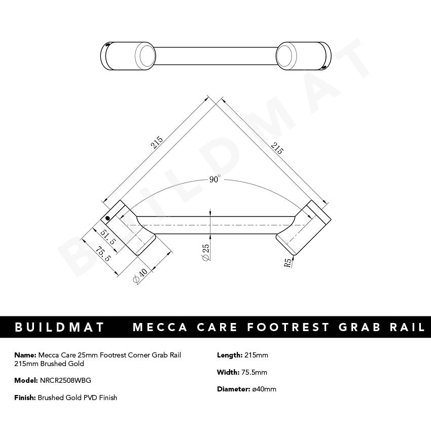 Mecca Care 25mm Footrest Corner Grab Rail 215mm Brushed Gold