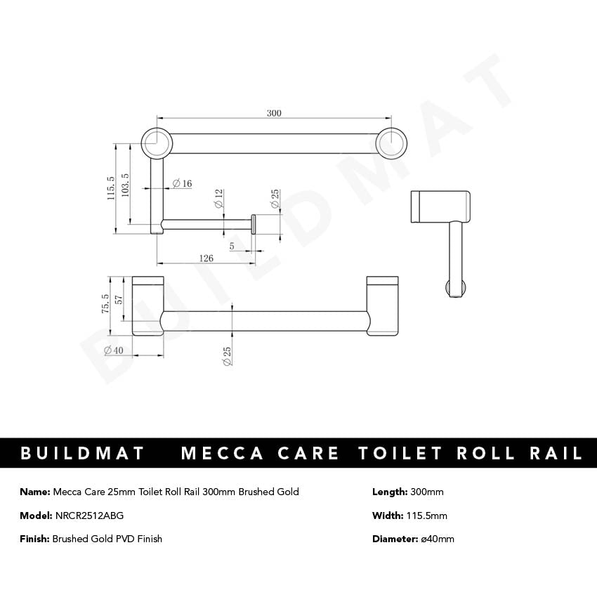 Mecca Care 25mm Toilet Roll Rail 300mm Brushed Gold