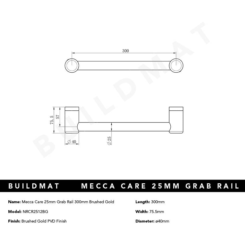 Mecca Care 25mm Grab Rail 300mm Brushed Gold