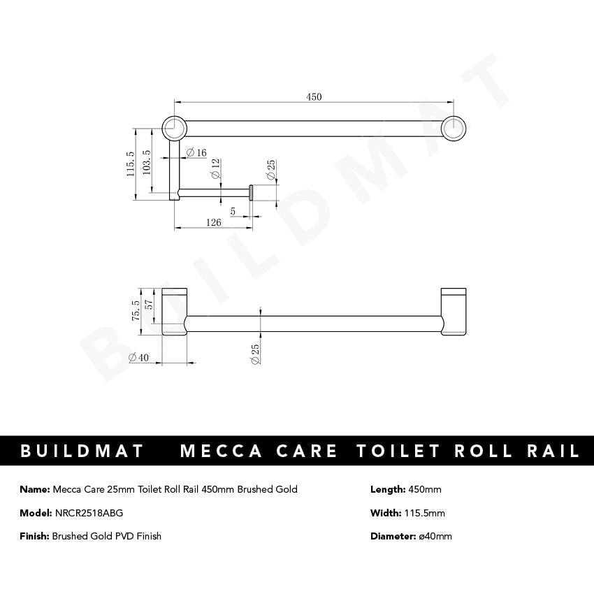 Mecca Care 25mm Toilet Roll Rail 450mm Brushed Gold